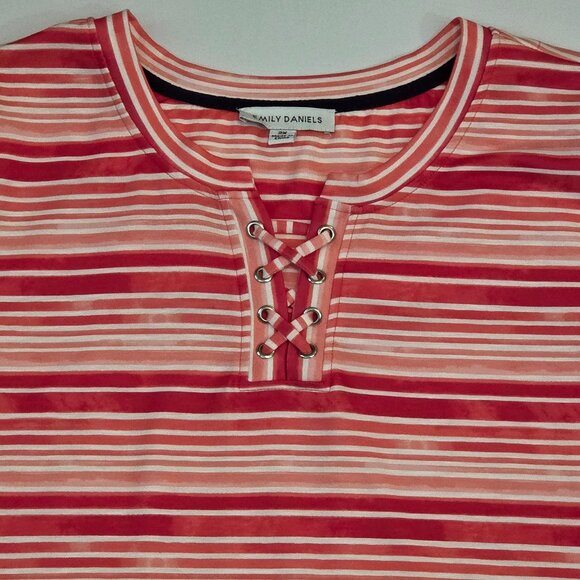NWT Emily Daniels 3/4 Sleeve Lace-Up Neck Top, 2XL, Peach/Red/Pink/White Stripes - Picture 2 of 11